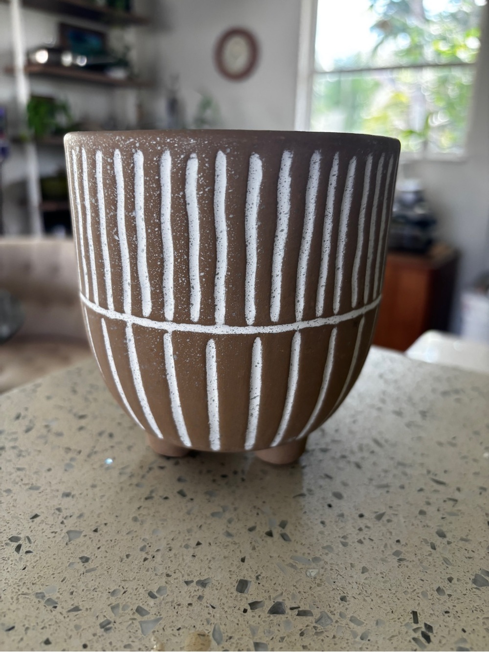 Handcrafted Brown Ceramic Planter with White Stripe Detail